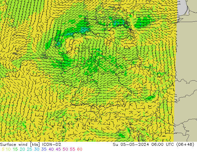 Surface wind ICON-D2 Su 05.05.2024 06 UTC