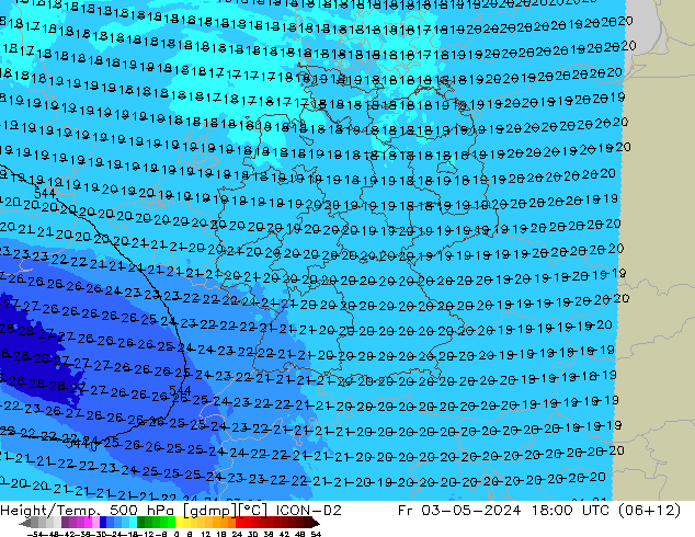 Height/Temp. 500 hPa ICON-D2 Fr 03.05.2024 18 UTC