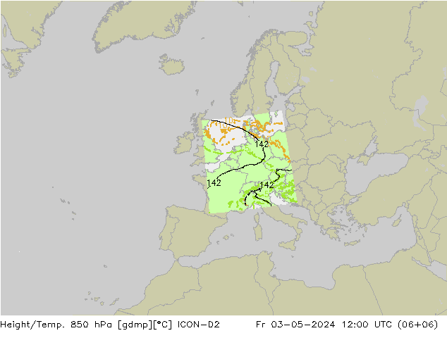 Height/Temp. 850 hPa ICON-D2 Fr 03.05.2024 12 UTC