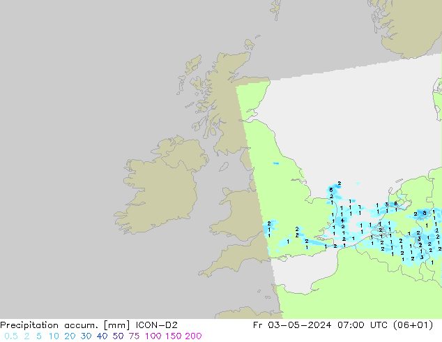 Precipitation accum. ICON-D2 Fr 03.05.2024 07 UTC