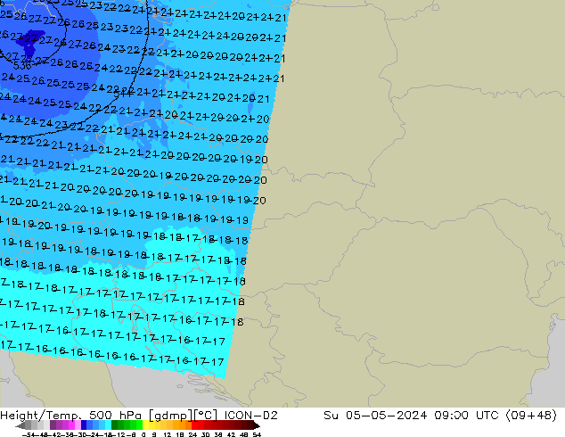 Height/Temp. 500 гПа ICON-D2 Вс 05.05.2024 09 UTC