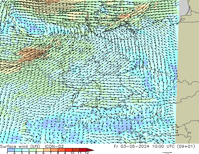 wiatr 10 m (bft) ICON-D2 pt. 03.05.2024 10 UTC
