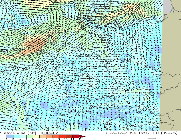 Surface wind (bft) ICON-D2 Fr 03.05.2024 15 UTC
