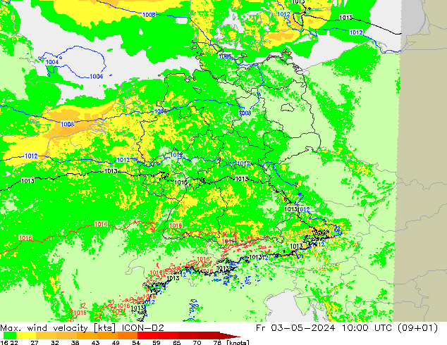 Max. wind velocity ICON-D2 Fr 03.05.2024 10 UTC