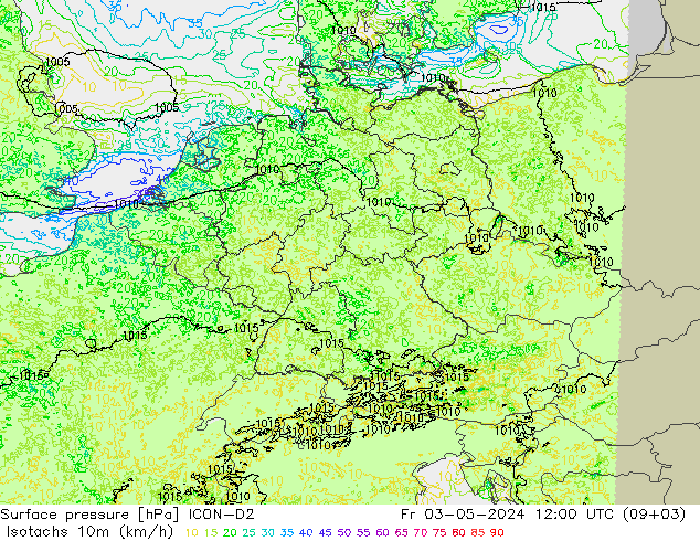 10米等风速线 (kph) ICON-D2 星期五 03.05.2024 12 UTC