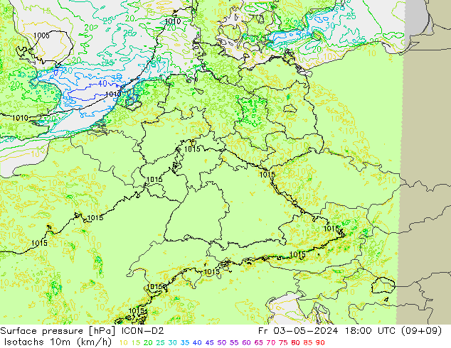 Isotaca (kph) ICON-D2 vie 03.05.2024 18 UTC