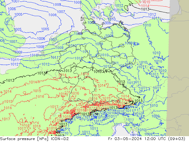 pressão do solo ICON-D2 Sex 03.05.2024 12 UTC