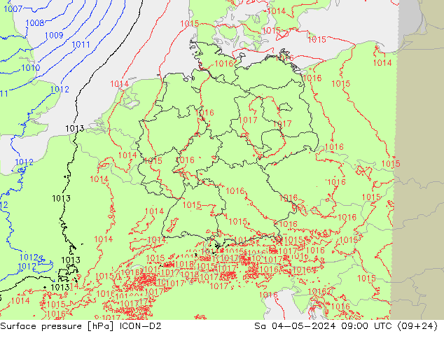 地面气压 ICON-D2 星期六 04.05.2024 09 UTC
