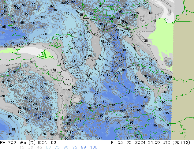 Humidité rel. 700 hPa ICON-D2 ven 03.05.2024 21 UTC