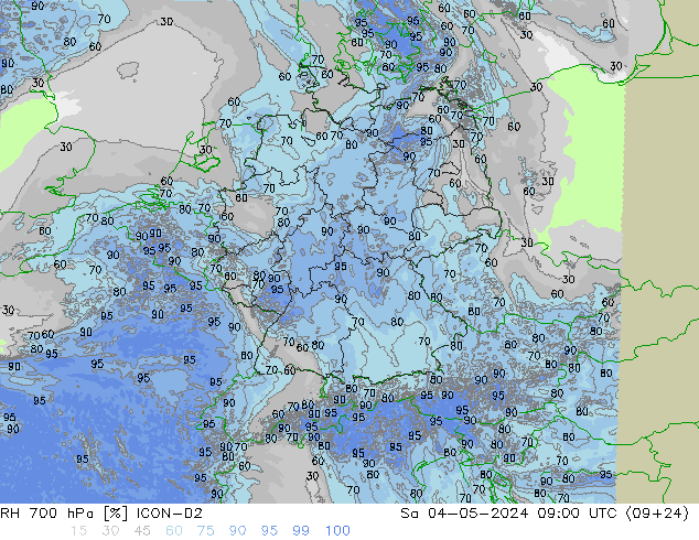 RH 700 hPa ICON-D2 星期六 04.05.2024 09 UTC