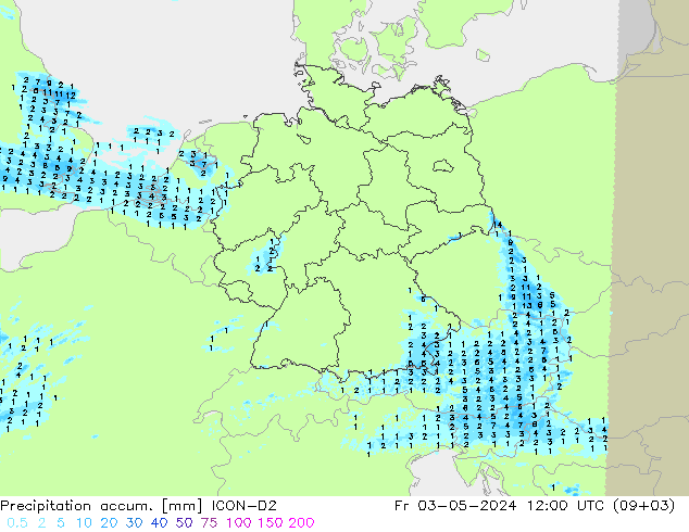 Precipitation accum. ICON-D2 Pá 03.05.2024 12 UTC