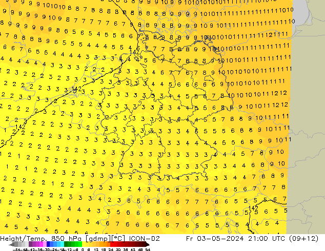 Height/Temp. 850 hPa ICON-D2 Fr 03.05.2024 21 UTC