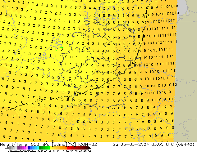 Height/Temp. 850 hPa ICON-D2 Ne 05.05.2024 03 UTC