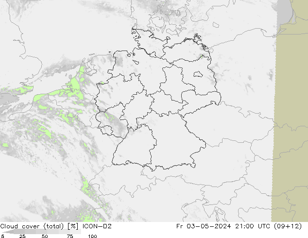 Cloud cover (total) ICON-D2 Fr 03.05.2024 21 UTC