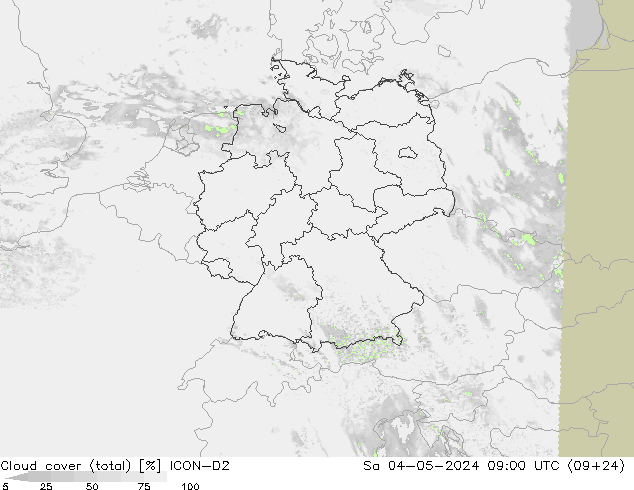 Cloud cover (total) ICON-D2 Sa 04.05.2024 09 UTC