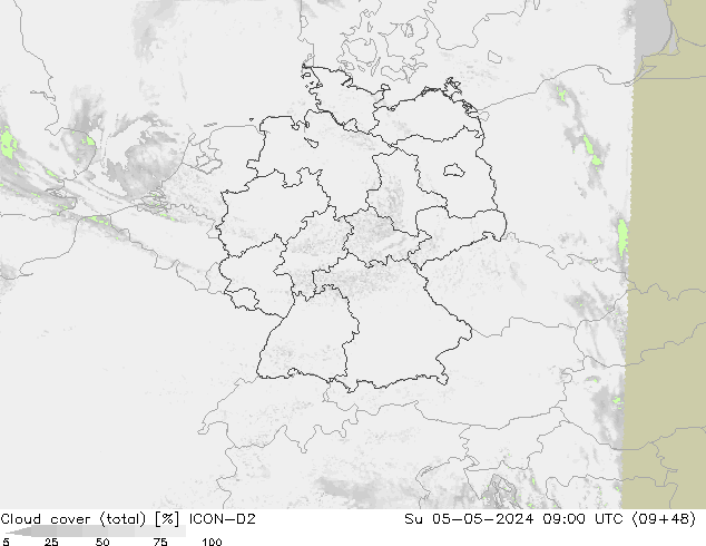 Nubes (total) ICON-D2 dom 05.05.2024 09 UTC