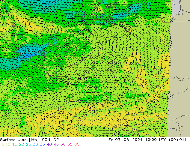 Viento 10 m ICON-D2 vie 03.05.2024 10 UTC