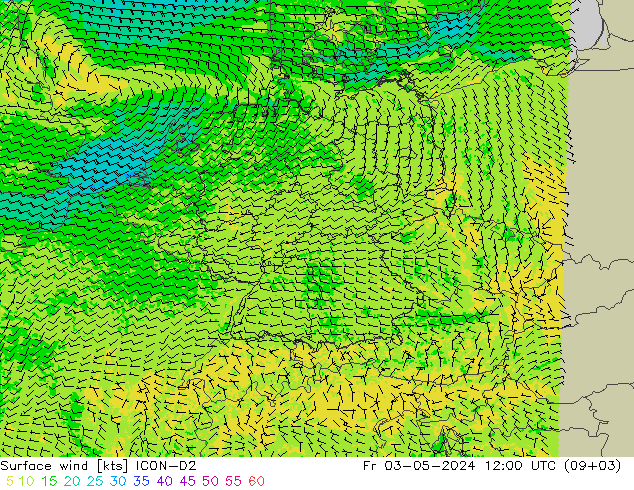 wiatr 10 m ICON-D2 pt. 03.05.2024 12 UTC