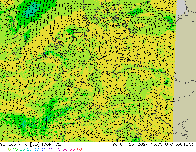 Vento 10 m ICON-D2 sab 04.05.2024 15 UTC