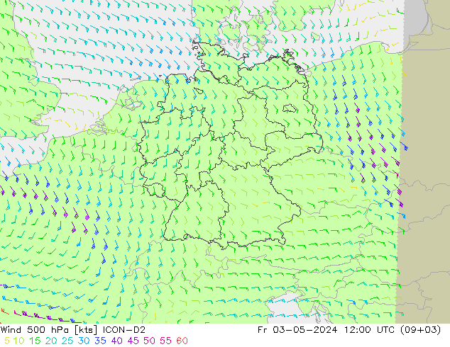 Viento 500 hPa ICON-D2 vie 03.05.2024 12 UTC