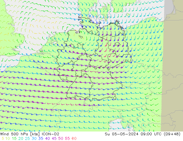 Wind 500 hPa ICON-D2 So 05.05.2024 09 UTC