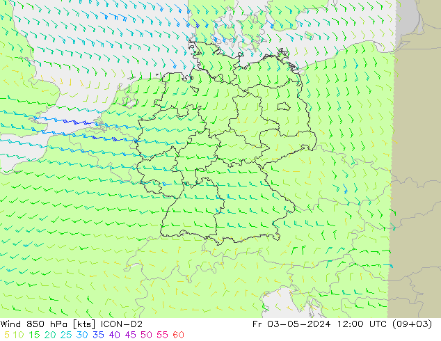 Wind 850 hPa ICON-D2 Fr 03.05.2024 12 UTC