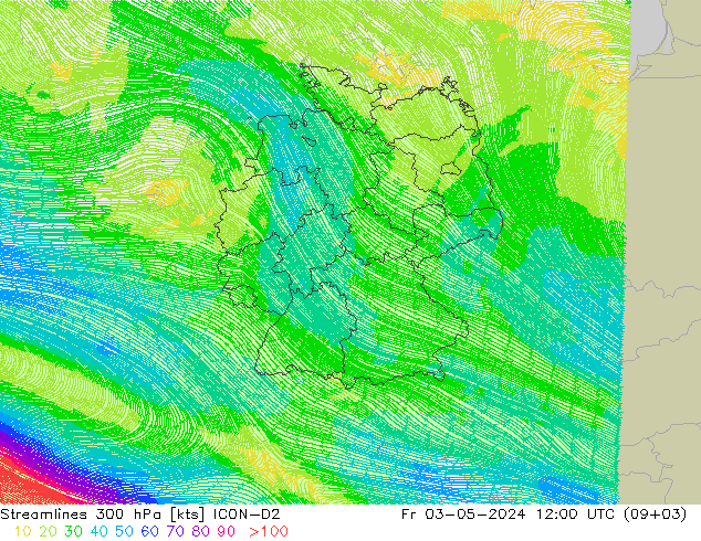 Streamlines 300 hPa ICON-D2 Fr 03.05.2024 12 UTC