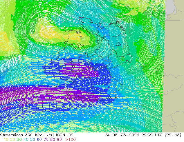 Rüzgar 300 hPa ICON-D2 Paz 05.05.2024 09 UTC