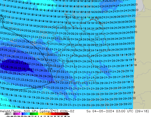 Yükseklik/Sıc. 500 hPa ICON-D2 Cts 04.05.2024 03 UTC