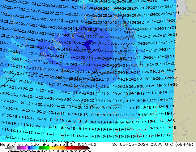 Height/Temp. 500 hPa ICON-D2 nie. 05.05.2024 09 UTC