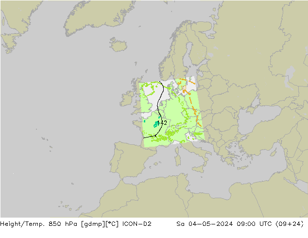 Height/Temp. 850 hPa ICON-D2 Sa 04.05.2024 09 UTC