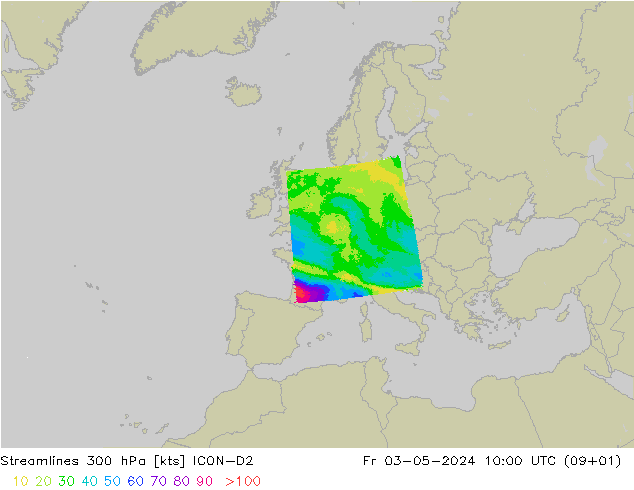 Stroomlijn 300 hPa ICON-D2 vr 03.05.2024 10 UTC