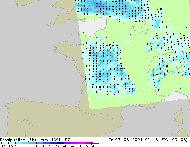 Precipitation (6h) ICON-D2 Fr 03.05.2024 15 UTC