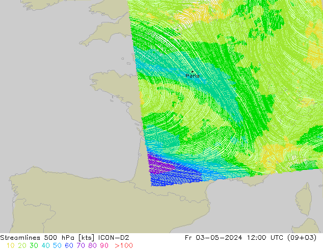 Linia prądu 500 hPa ICON-D2 pt. 03.05.2024 12 UTC