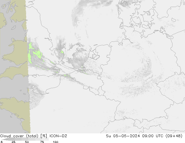Cloud cover (total) ICON-D2 Su 05.05.2024 09 UTC