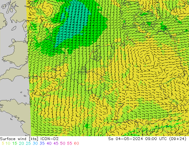 Surface wind ICON-D2 Sa 04.05.2024 09 UTC