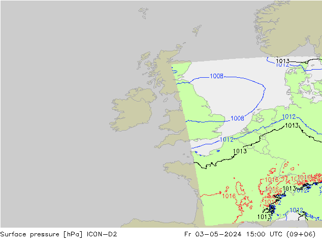 Presión superficial ICON-D2 vie 03.05.2024 15 UTC