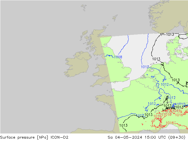 Pressione al suolo ICON-D2 sab 04.05.2024 15 UTC