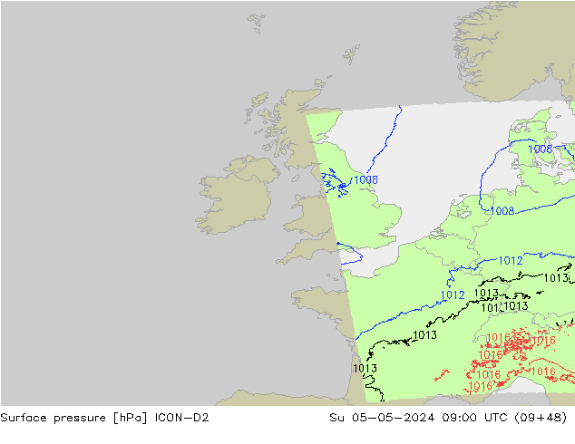 Presión superficial ICON-D2 dom 05.05.2024 09 UTC
