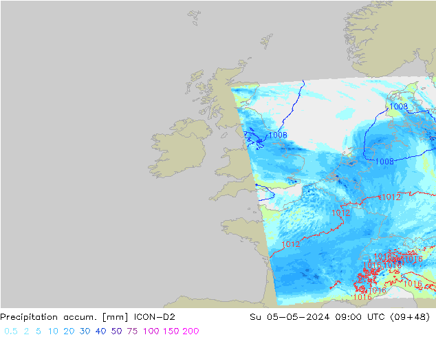 Precipitation accum. ICON-D2 Su 05.05.2024 09 UTC
