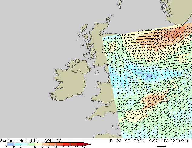 Surface wind (bft) ICON-D2 Fr 03.05.2024 10 UTC