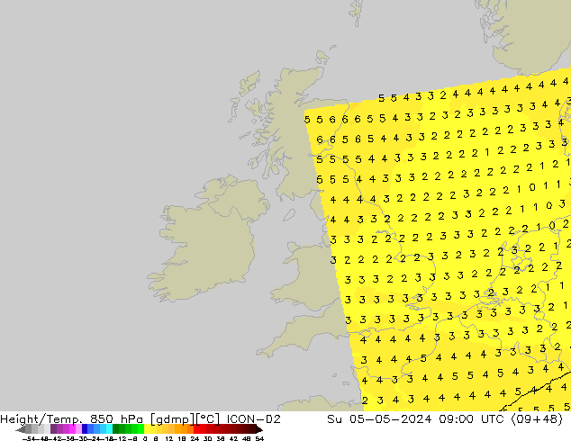 Height/Temp. 850 hPa ICON-D2 Su 05.05.2024 09 UTC