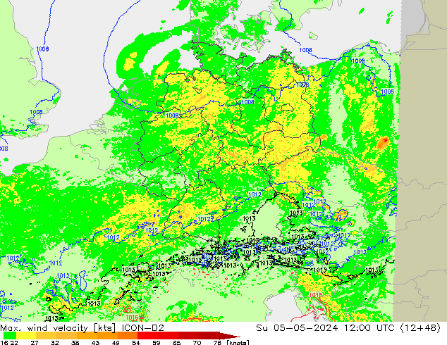 Max. wind velocity ICON-D2 nie. 05.05.2024 12 UTC