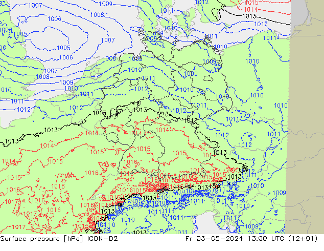 Surface pressure ICON-D2 Fr 03.05.2024 13 UTC
