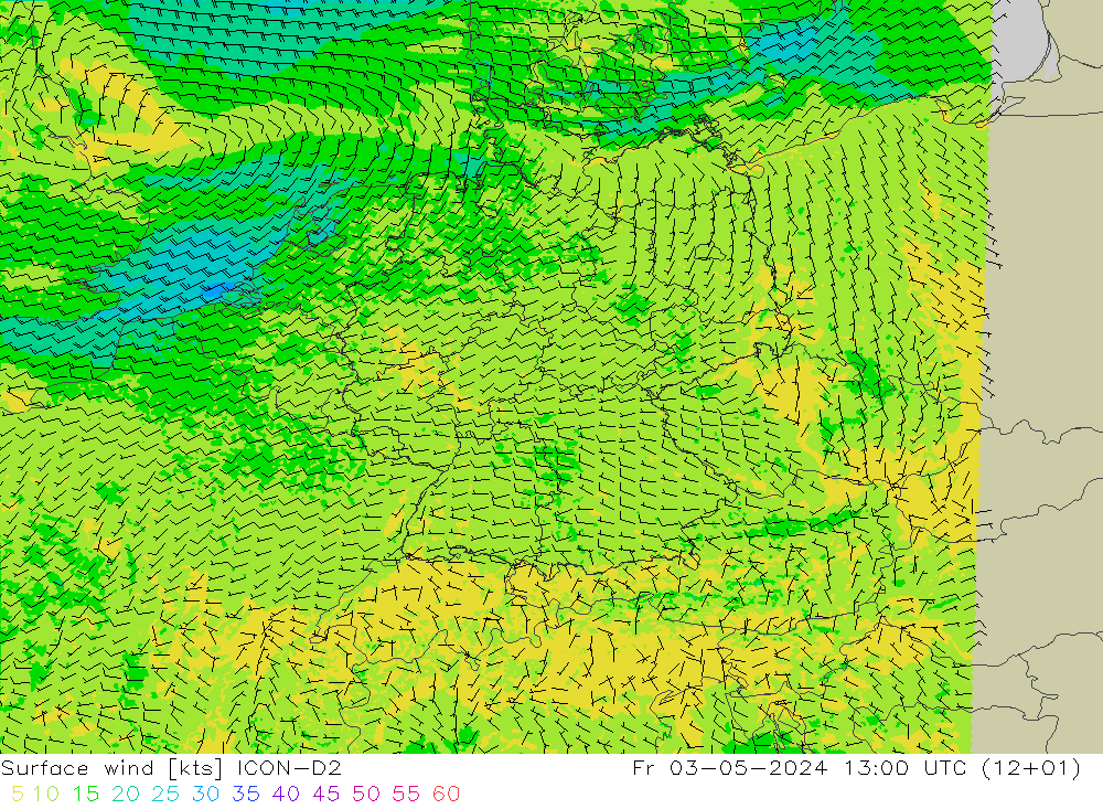 Viento 10 m ICON-D2 vie 03.05.2024 13 UTC