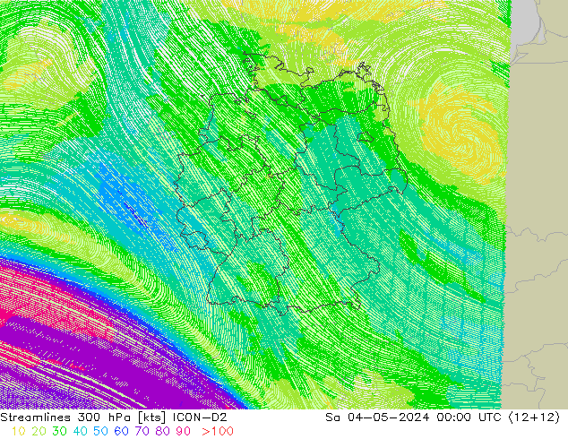 Stroomlijn 300 hPa ICON-D2 za 04.05.2024 00 UTC