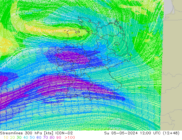 Ligne de courant 300 hPa ICON-D2 dim 05.05.2024 12 UTC
