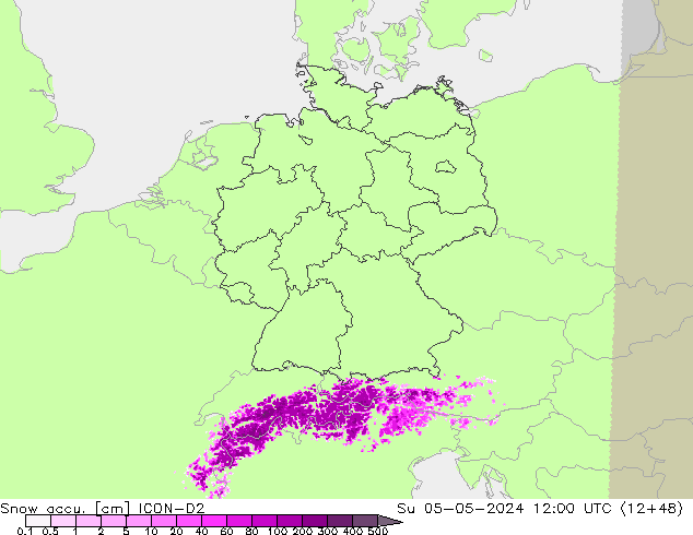 Snow accu. ICON-D2 Su 05.05.2024 12 UTC