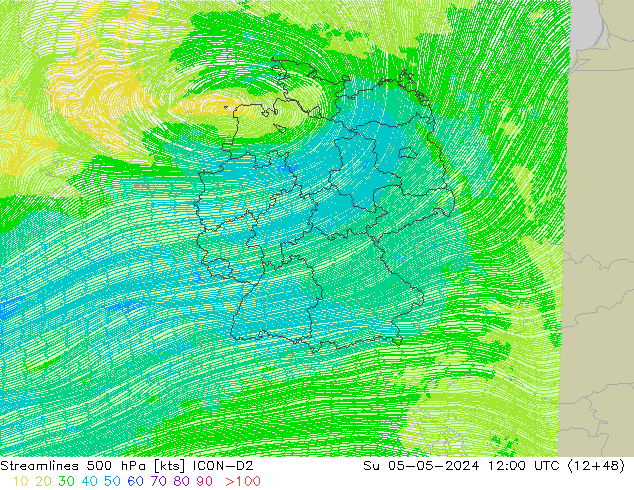 Línea de corriente 500 hPa ICON-D2 dom 05.05.2024 12 UTC