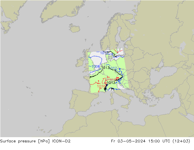 Presión superficial ICON-D2 vie 03.05.2024 15 UTC